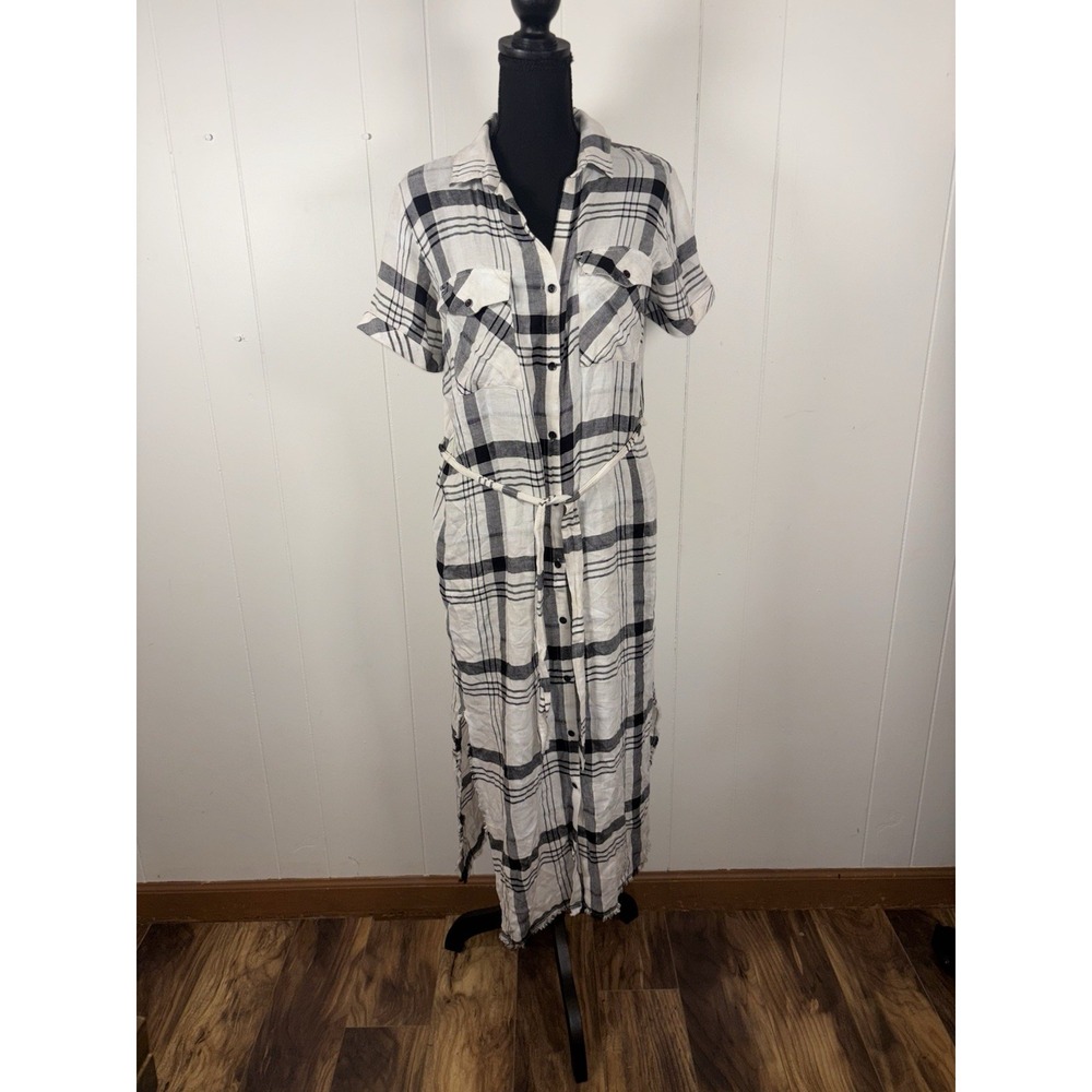 Anthropologie Cloth & Stone Hannah Shirtdress M Plaid Short Sleeve Belted White